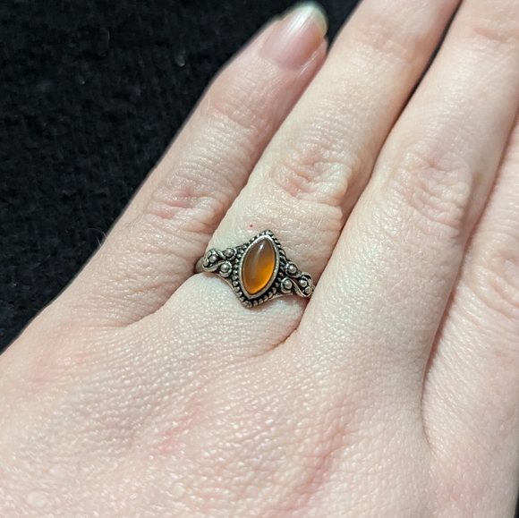 Hand Crafted Jewelry - Silver Plated Orange Carnelian Gemstone Marquis Dainty Delicate Statement Ring
